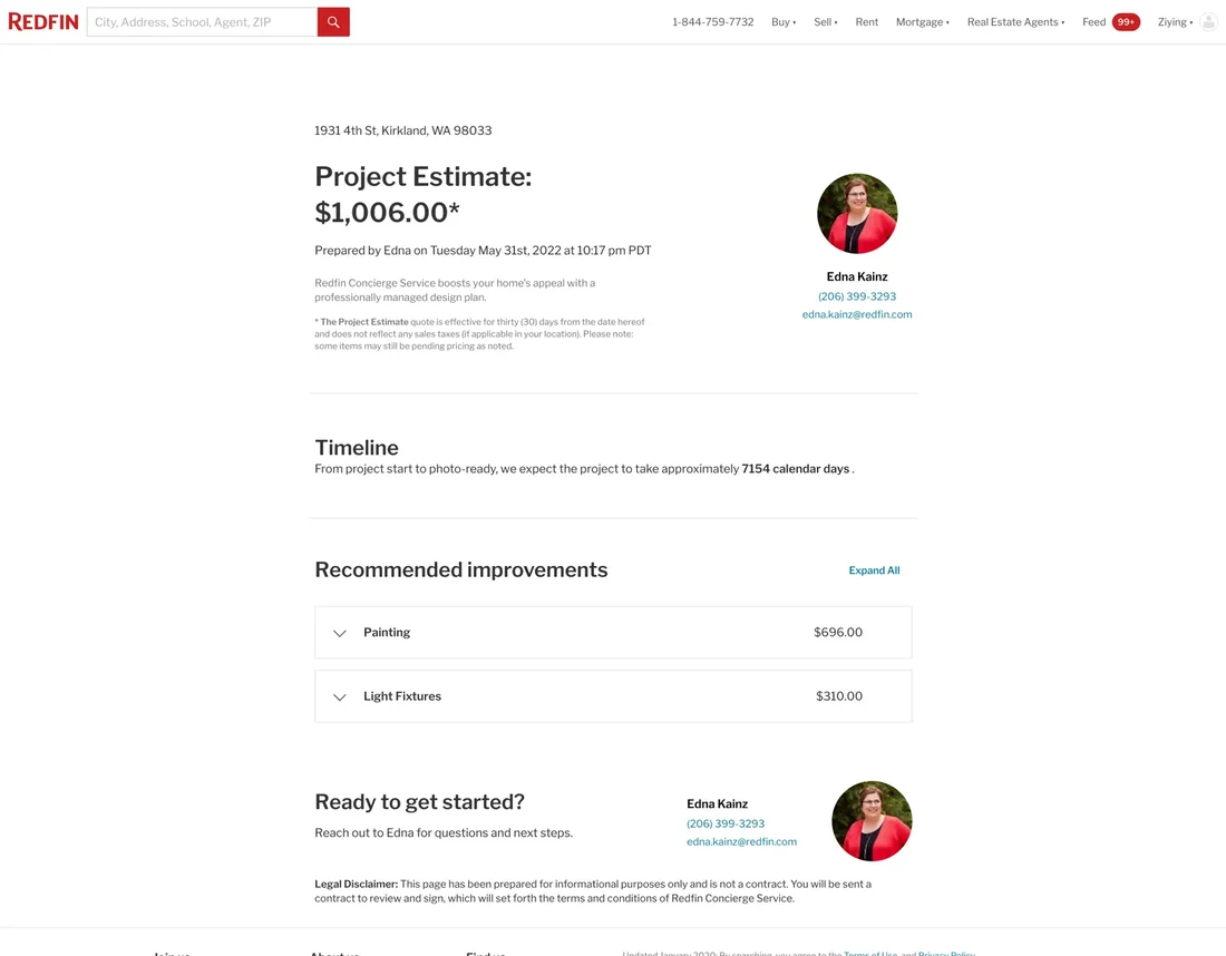 Estimate & order tool at Redfin