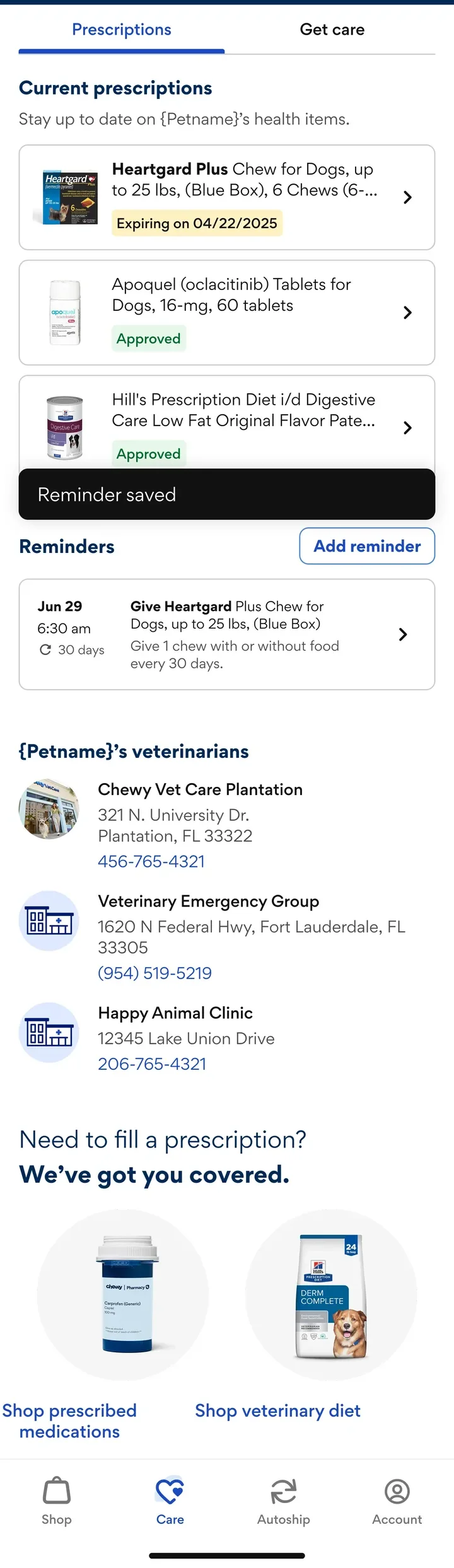 Prescription reminder saved