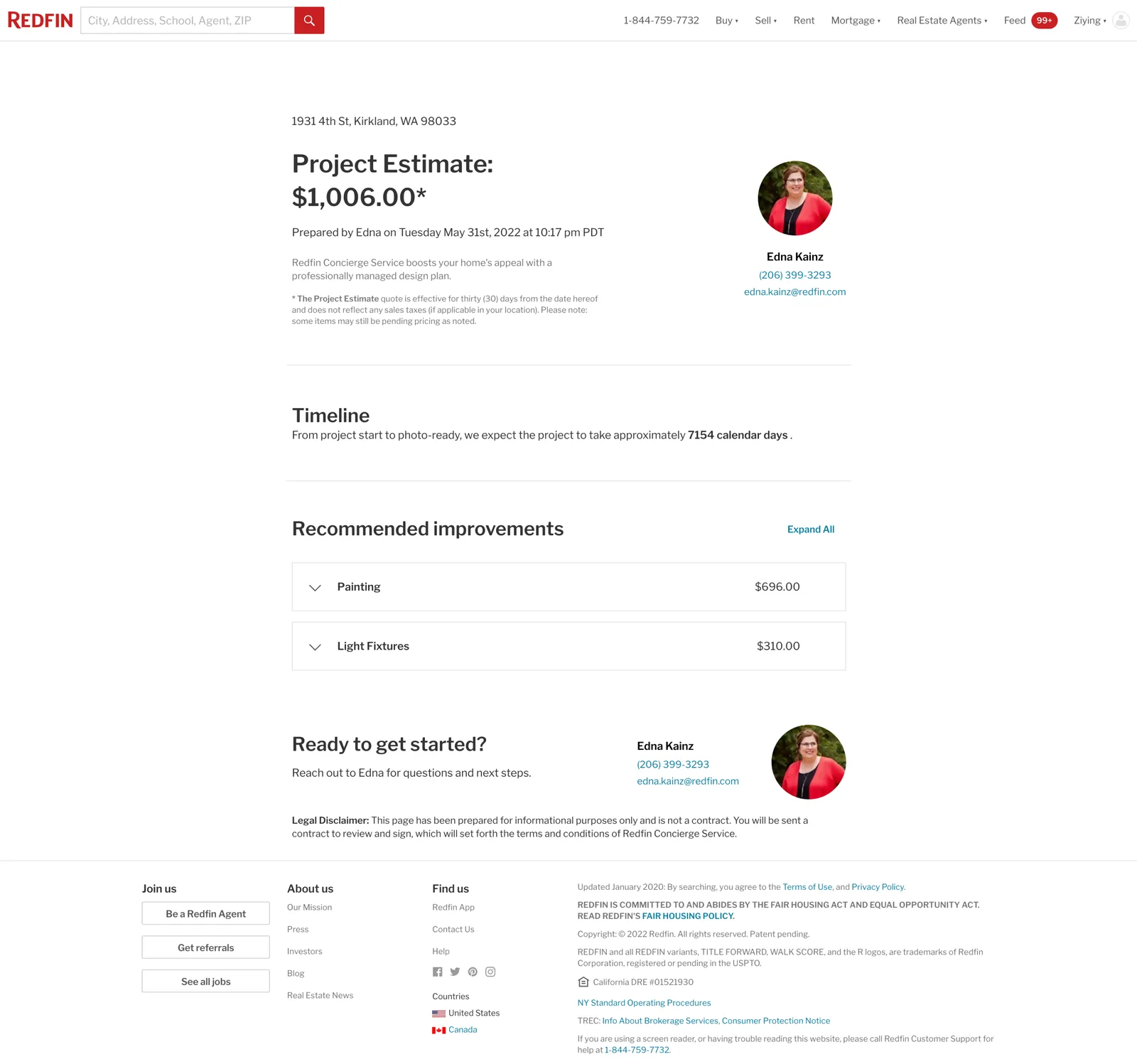 Estimate & order tool at Redfin