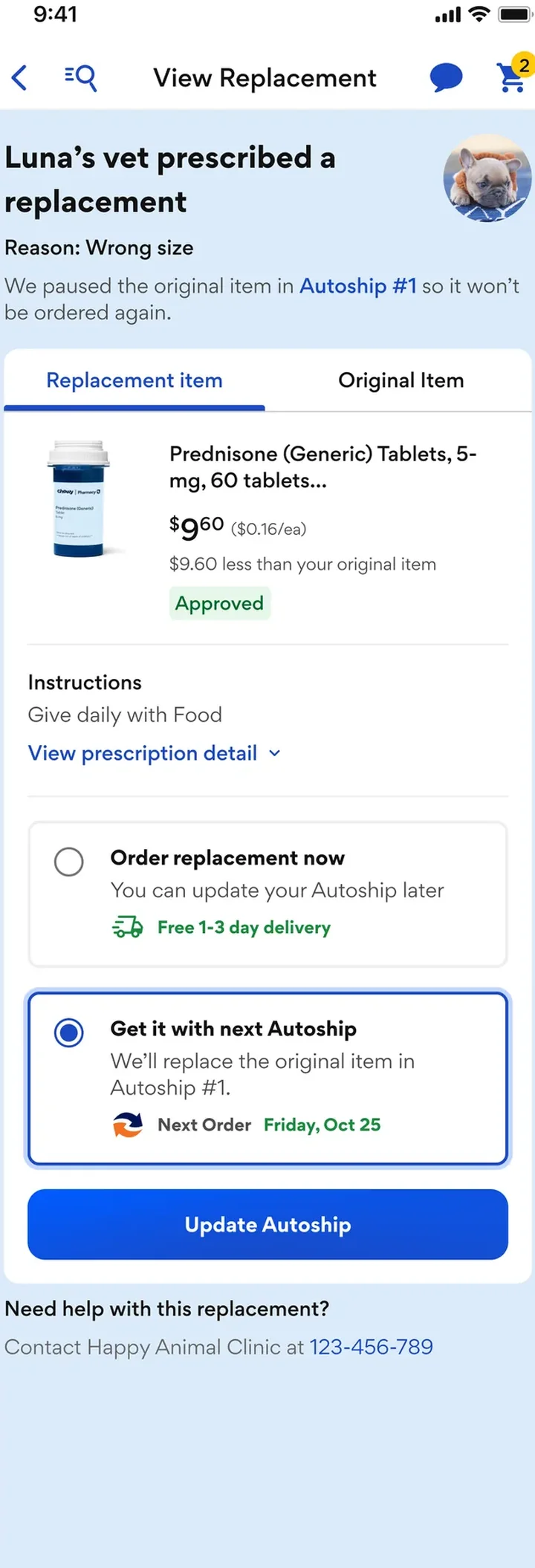 Update Autoship with the replacement
